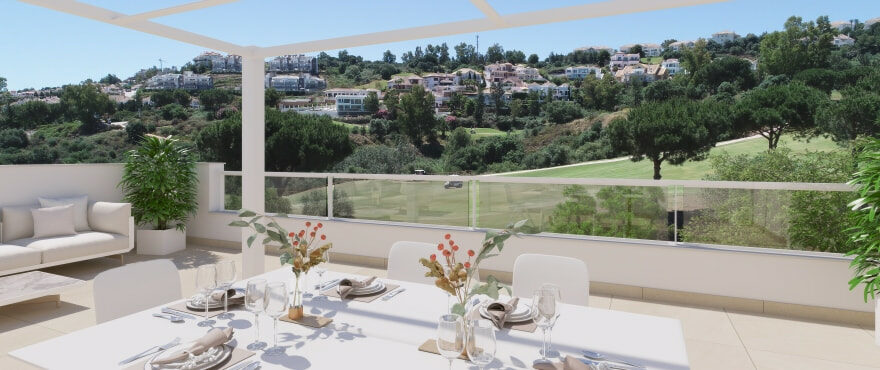 Lägenheter med stora terrasser och panoramavyer äver golfbanan och Mijas-bergen