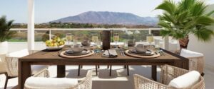 Apartments with large terraces and panoramic views over the golf course and the Mijas mountain range