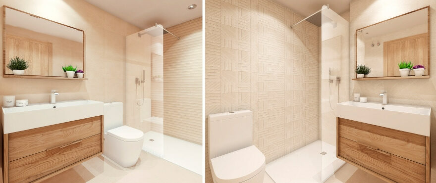 Solemar, Casares plage : salle de bain moderne et complète avec parois installées.