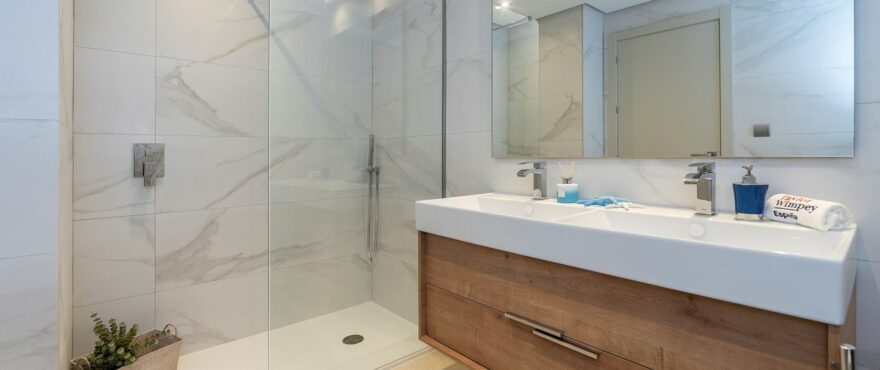 Modern fully equipped bathroom at Solana Village, with shower screen installed