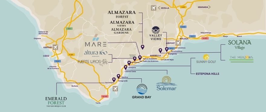 Karte der Taylor Wimpey Immobilien in Spanien, Costa del Sol Karte der Taylor Wimpey Immobilien in Spanien, Costa del Sol