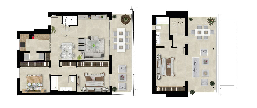 Solana Village, Grundriss eines Penthouse-Apartments mit 3 Schlafzimmern - duplex