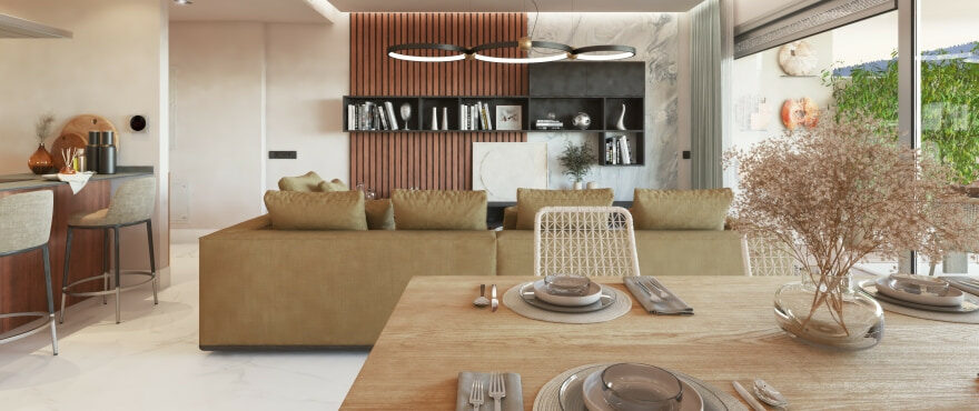 Terra, Ljusa vardagsrum - matsal i nya lägenheter till salu