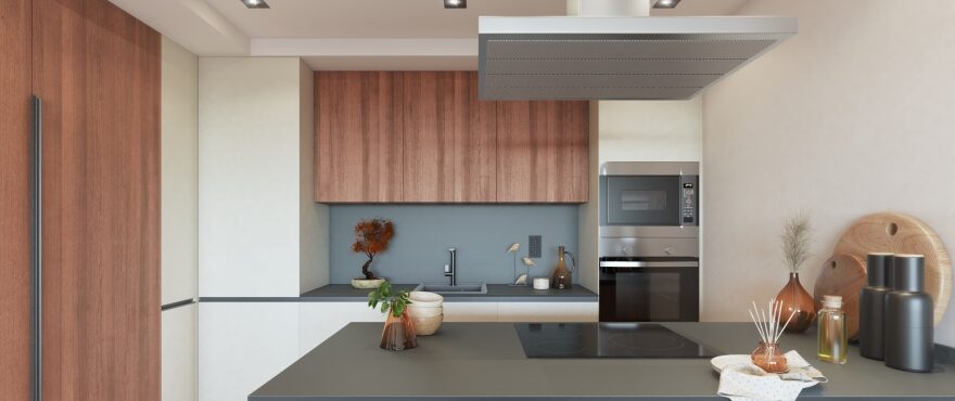 Terra, woonkamer geïntegreerd met moderne keuken