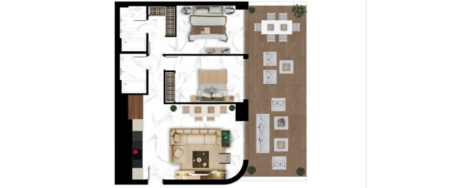 Terra, plano de apartamento de 2 dormitorios