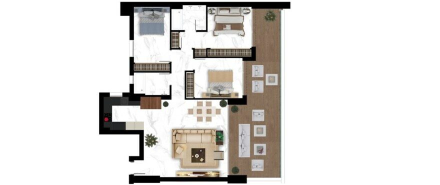 Terra, plano de apartamento de 3 dormitorios
