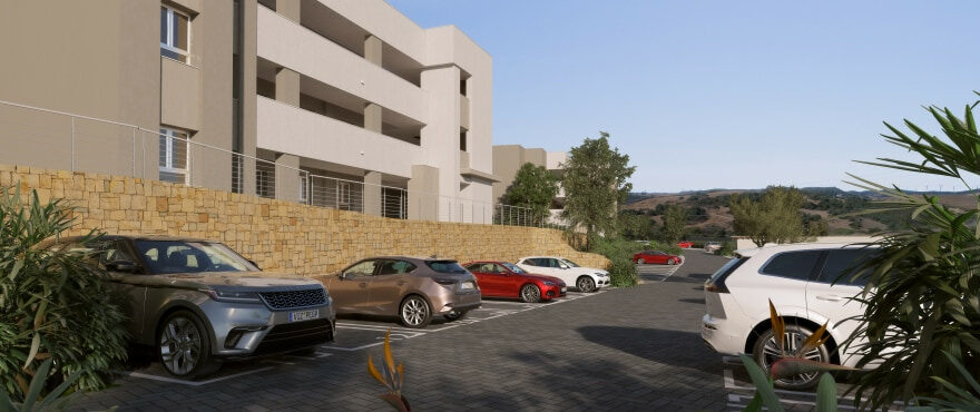 Sunny Golf, acceso a las nuevas viviendas junto a Estepona golf. Parking exterior