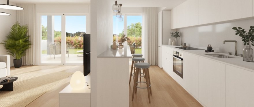 Wohnbereich mit offener Küche, im neuen Bauprojekt Breeze