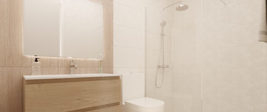 Modern, fully fitted bathroom in Breeze, with pre-installed shower screens
