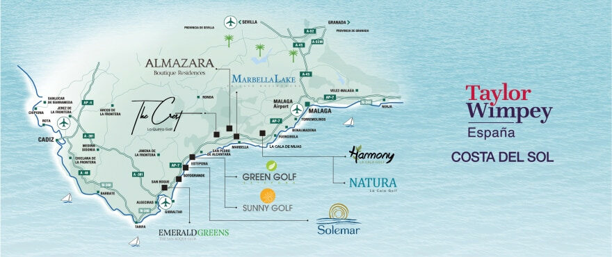 Karte der Taylor Wimpey Immobilien in Spanien, Costa del Sol