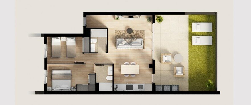Breeze, Balcón de Finestrat, plano apartamento 2 dormitorios. Bajos