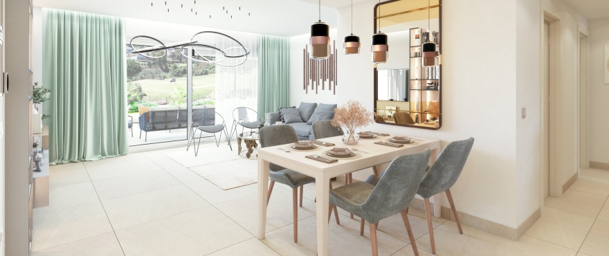 Spacious, bright living room with panoramic views over the golf course
