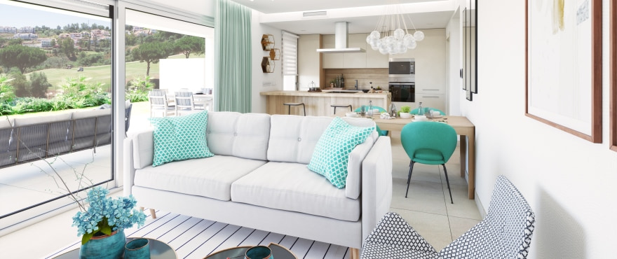 Spacious, bright living room with panoramic views over the golf course