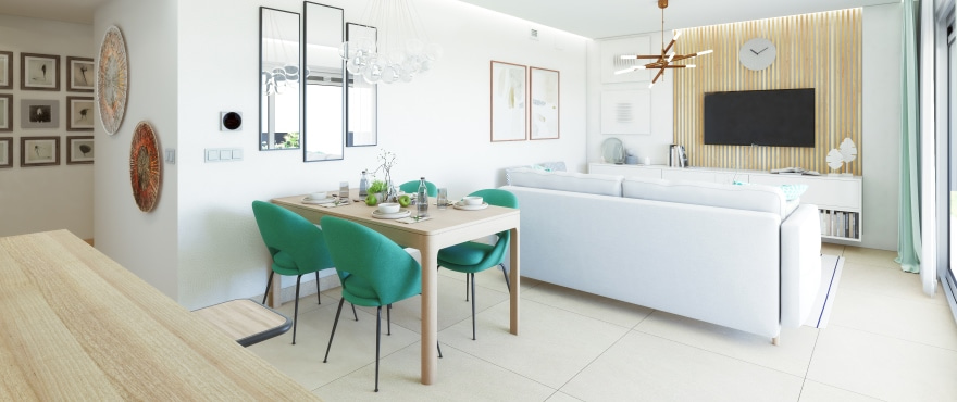 Spacious, bright living room with panoramic views over the golf course
