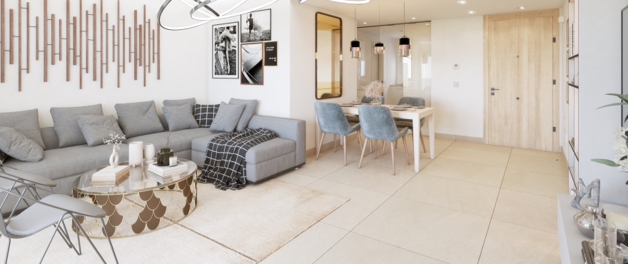 Spacious, bright living room with panoramic views over the golf course