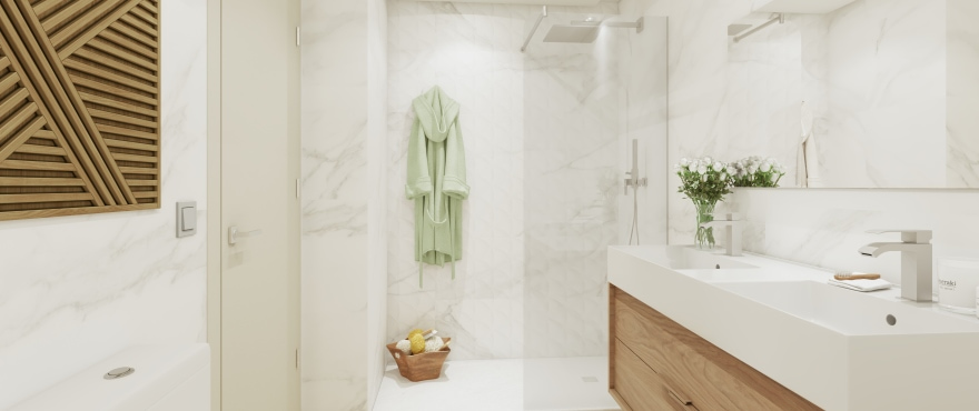 Modern fully equipped bathroom at Solana Village, with shower screen installed