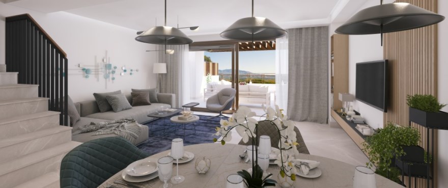 Bright living room with views of the golf course at the new townhouses for sale at Belaria, Costa del Sol