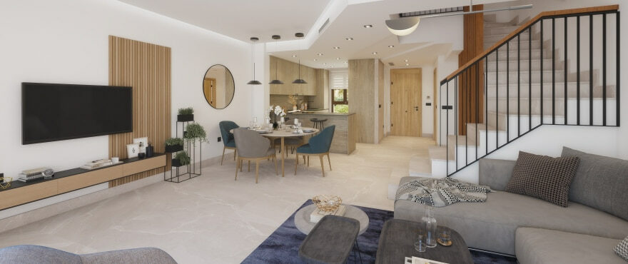 Bright living room with views of the golf course at the new townhouses for sale at Belaria, Costa del Sol