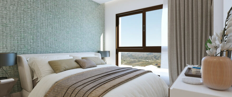 Bright bedroom with views of the golf course at Belaria