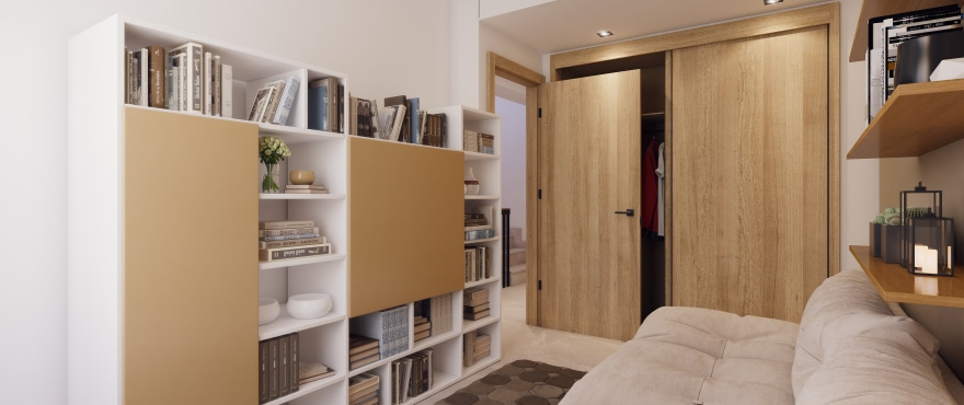Bright bedroom with views of the golf course at Belaria