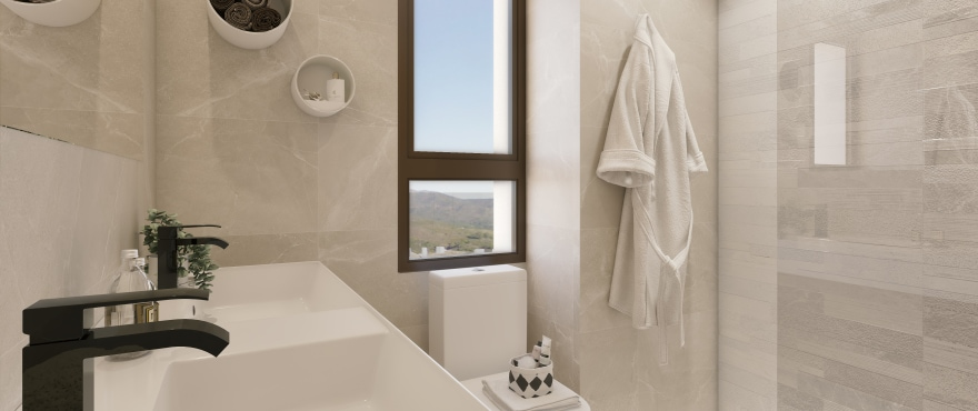 Modern, fully equipped bathroom with shower in the townhouse at Belaria