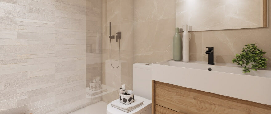 Modernt och komplett badrum med dusch i de nya radhusen i Belaria
