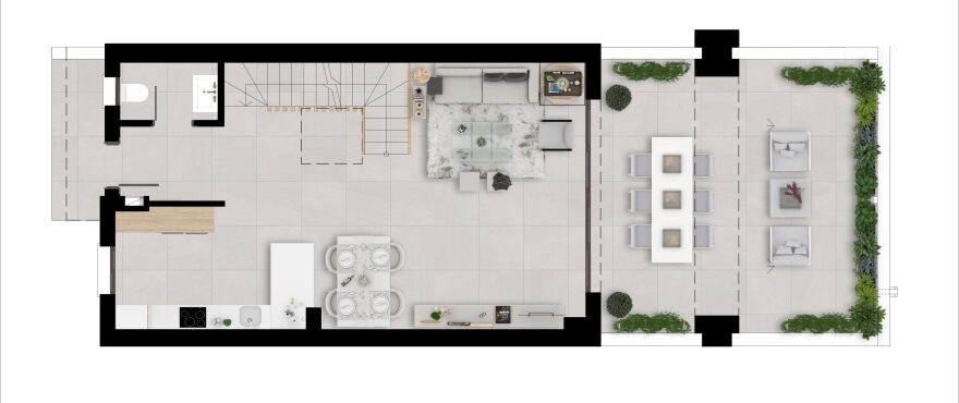 Plan rez-de-chaussée, salon, salle à manger, cuisine, terrasse et toilettes