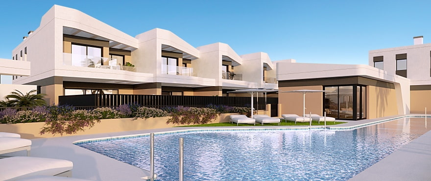 Gemeenschappelijk zwembad en tuin bij de nieuwe huizen van Azur, in Alicante Golf