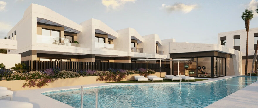 Gemeinschaftspool und Gartenanlagen der neuen Immobilien in der Wohnanlage Azur, Alicante Golf