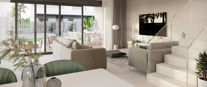 Bright living room with golf views at the townhouses for sale at Azur, Alicante Golf