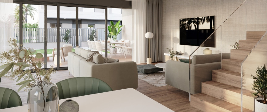 Salón luminoso con vistas al golf de las nuevas casas adosadas en venta de Azur, Alicante Golf