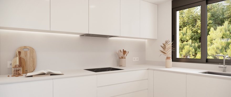 Moderne, open keuken in de nieuwe geschakelde woningen in Azur