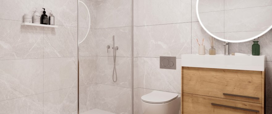 Bad mit Dusche, vollständig und modern ausgestattet in den Reihenvillen der Wohnanlage Azur