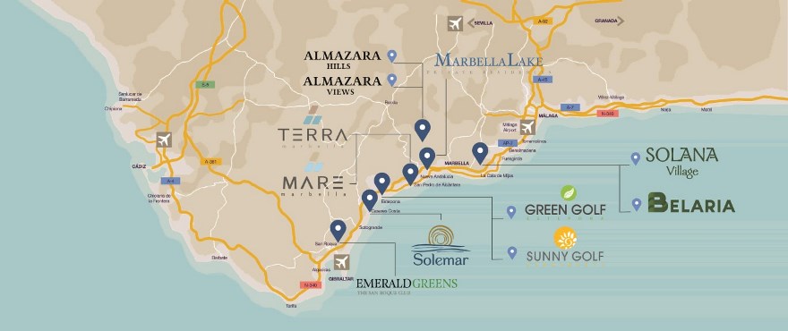Områdeskarta över bostäderna av Taylor Wimpey på Costa del Sol