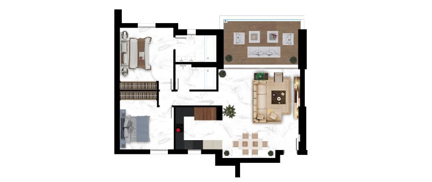 Mare, plano de apartamento de 2 dormitorios