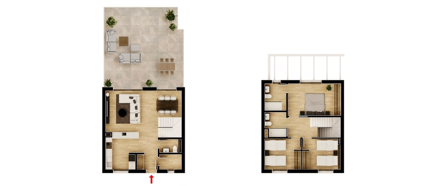 Plattegrond duplex: Appartementen 3 slaapkamers