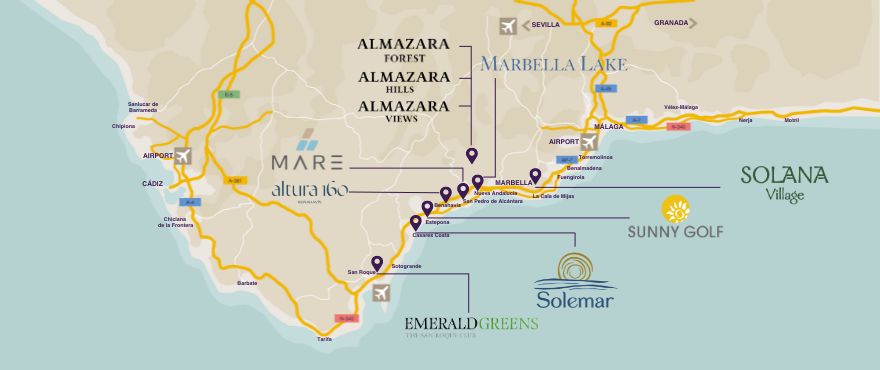 Områdeskarta över bostäderna av Taylor Wimpey på Costa del Sol