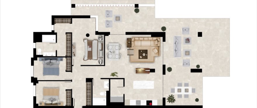 Plattegrond van appartement van 3 slaapkamers en 2 badkamers