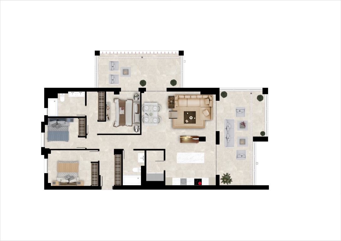 Wohnungsplan mit 3 Schlafzimmern und 2 Badezimmern. Typ B