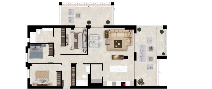Plattegrond van appartement van 3 slaapkamers en 2 badkamers
