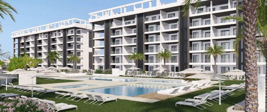 Eden Beach: nuevos apartamentos con piscina y jardín comunitario. Torrevieja.