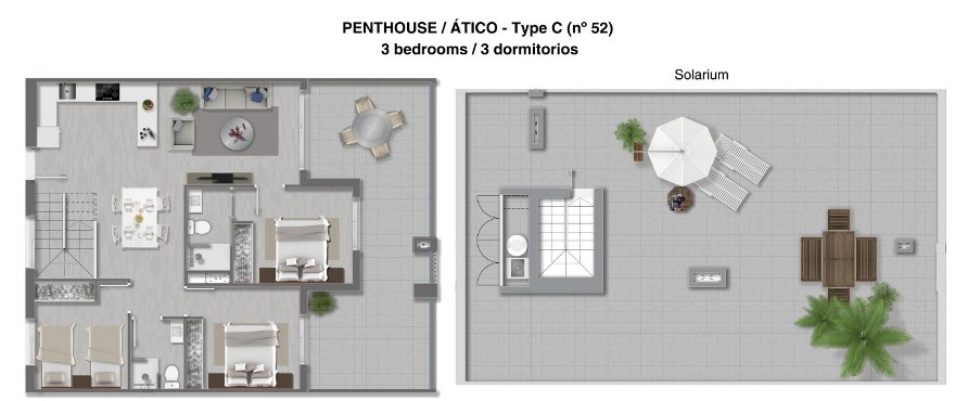 Grundriss der neuen 3-Schlafzimmer-Apartments mit Sonnenterrasse im Wohnkomplex Eden Beach