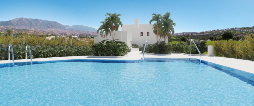 Communal pool and garden at the new homes at The Meadows