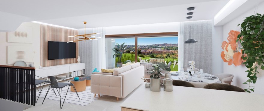 Licht salon met uitzicht op de golfbaan van de nieuwe, halfvrijstaande koopwoningen in The Meadows, Costa del Sol