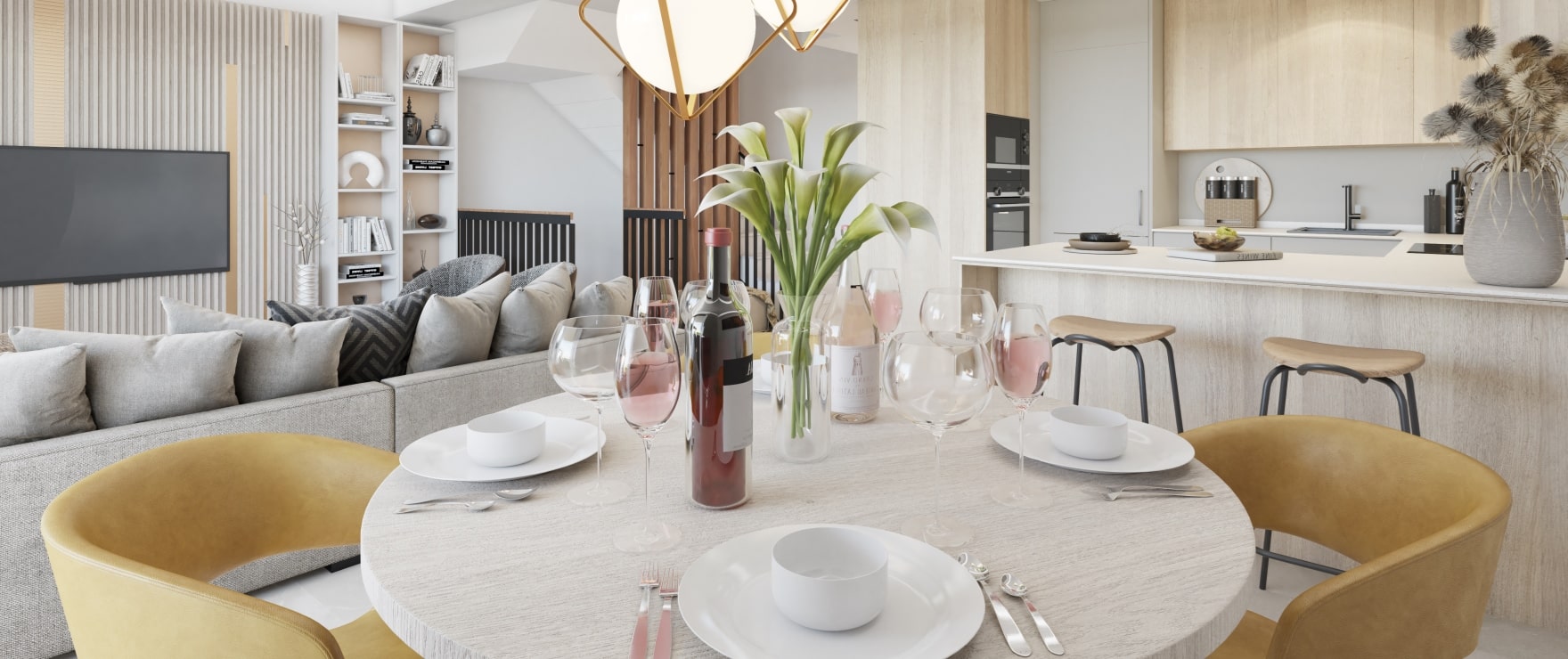 Bright living room with views of the golf course at the new townhouses for sale at The Meadows, Costa del Sol