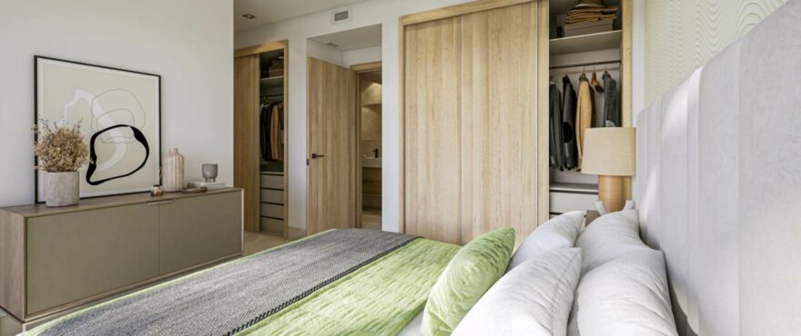 Bright bedroom with views of the golf course at The Meadows.