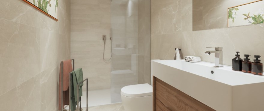 Modern, fully equipped bathroom with shower in the townhouse at The Meadows