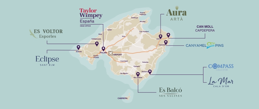 Områdeskarta över bostäderna av Taylor Wimpey España i Mallorca