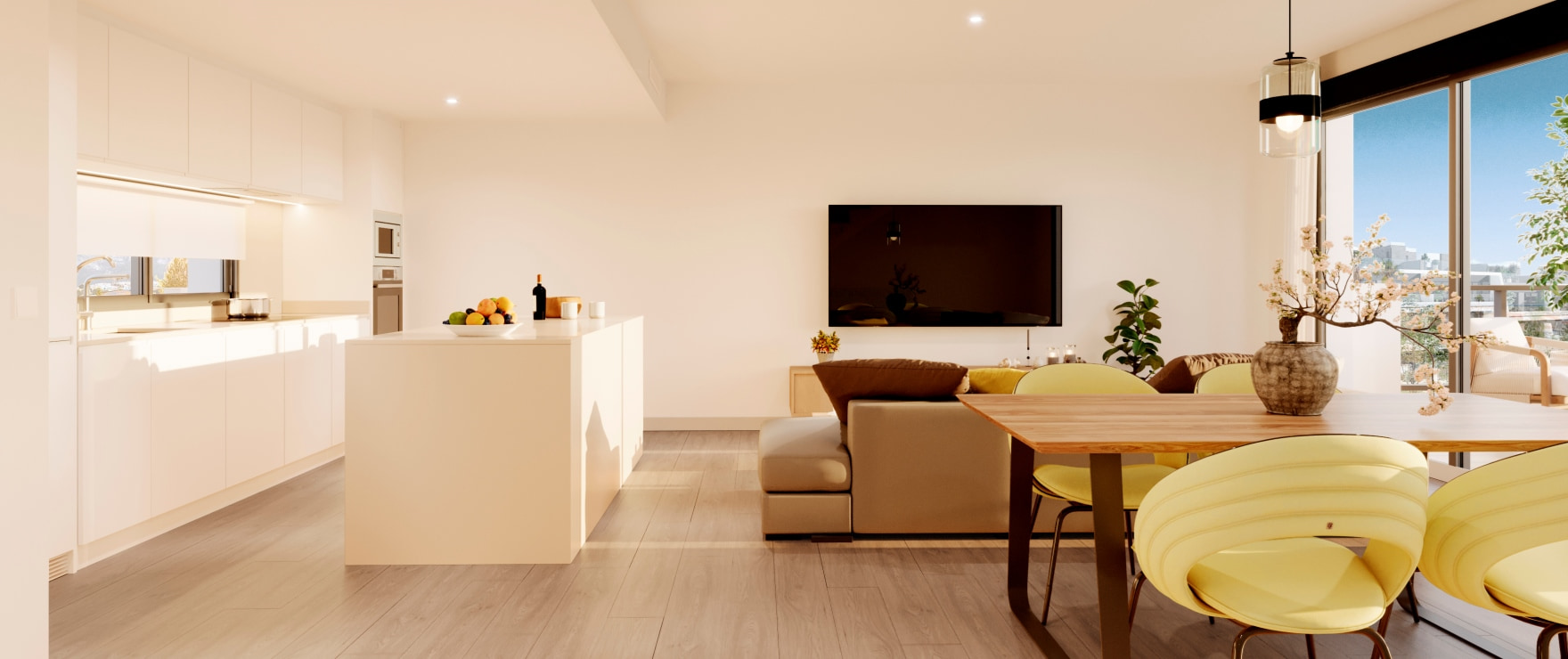 Nowoczesna i otwarta kuchnia w nowych apartamentach Sora