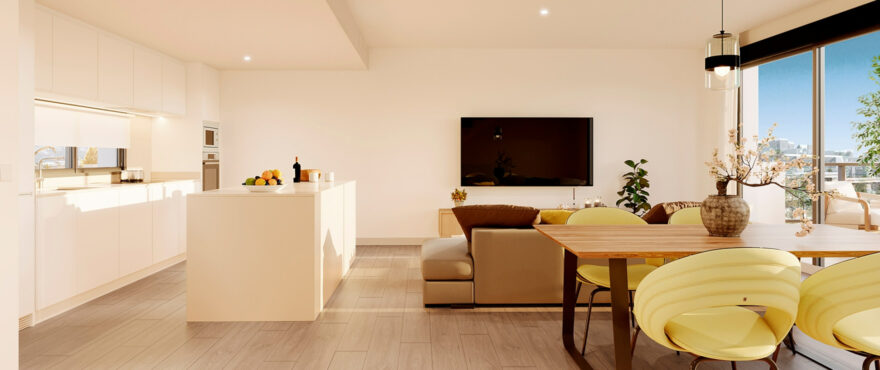 Cocina moderna y abierta en los nuevos apartamentos Sora